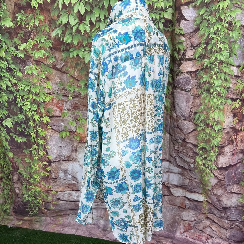 ROSE + OLIVE Blue and White Floral Boho Chiffon Longline Tunic/Dress, M - Picture 9 of 14